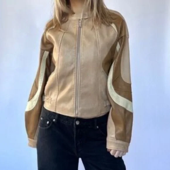 Avec Les Filles Faux Leather Racing Moto Bomber Colorblock Jacket NEW size Large - Picture 2 of 14
